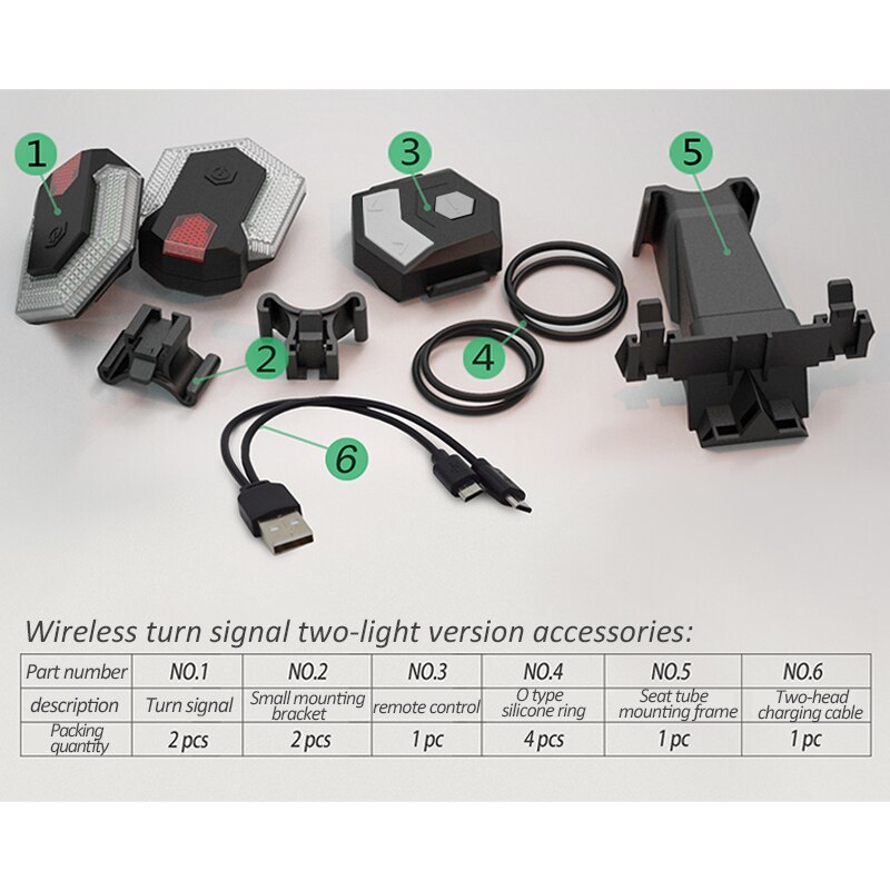 1Set Fiets Richtingaanwijzers Voor En Achter Licht Met Slimme Draadloze Afstandsbediening Fiets Achterlicht Voor Fietsen Veiligheid waarschuwingslampje: 2 lamps 2 brackets
