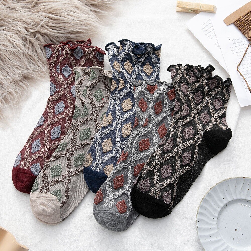 1 Pair Woman Autumn Winter Retro Ethnic Style Cotton Socks Girls Agaric Side Frilly Socks Loose Cotton Socks Warm Foot Socks