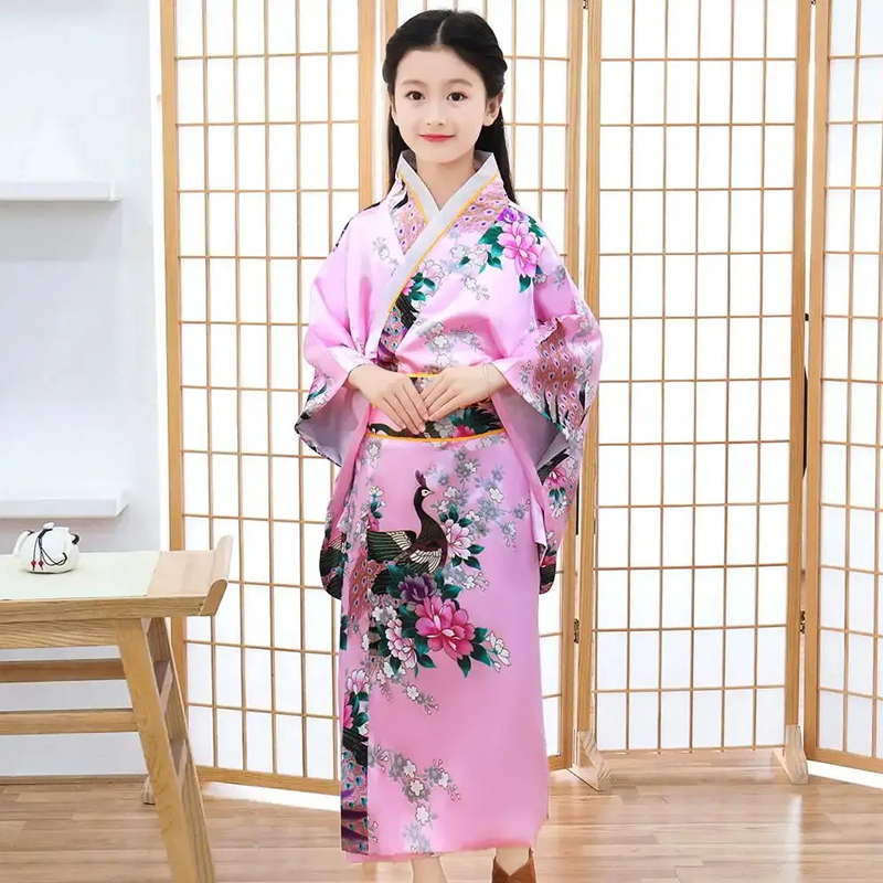 Mädchen Kind Japan Kimono Kleid Traditioneller Haori Yukata Bademantel Satin Luxus Orientalischer Bademantel mit Obi Kinder Cosplay Kleid