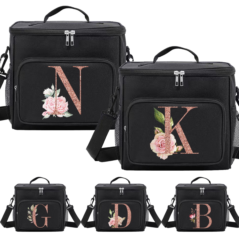 Multi-Pocket Lunch Box for College Student Black Color Food Tote Bag Storage Bag Organizer Bento Rose Gold Series Printing