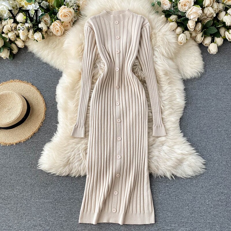 YuooMuoo French Long Slim Single-breasted Knit Long Sleeve Dress Women Autumn and Winter Bodycon Sweater Dress Vestido