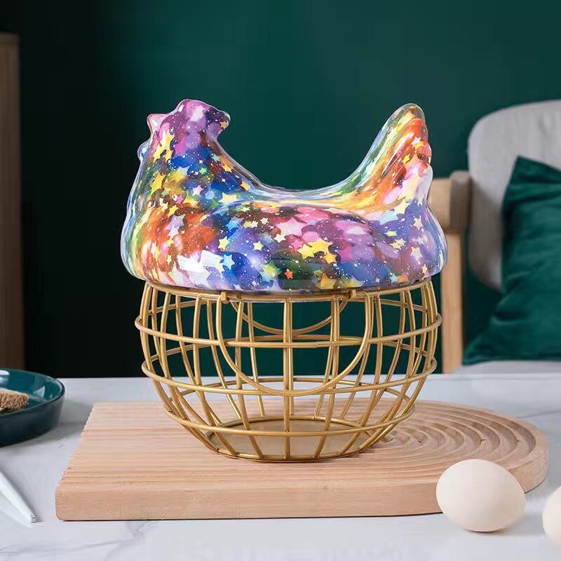 Poignée porte-œuf en céramique, poulet en métal, ornement de maison, boîte de rangement de fruits, panier de rangement en osier pour organisateur de cuisine: 16