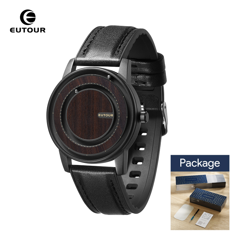 EUTOUR-Reloj unisex con cuentas magnéticas, reloj con elementos de de madera, correa de cuero PU, de manecillas únicas, reloj informal de negocios: Negro