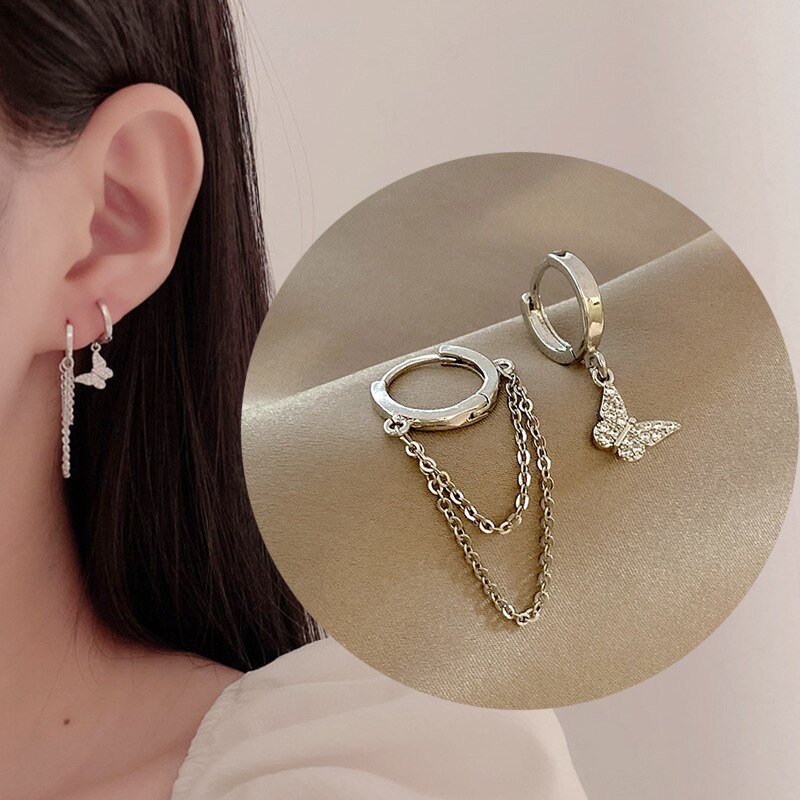 Luxe Crystal Zirkoon Asymmetrische Vlinder Oorbellen Voor Vrouwen Chain Earring Partij Sieraden 2022