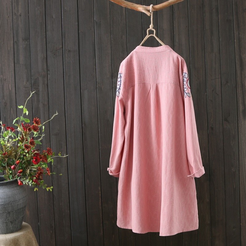 Camisas de estilo chino para mujer, Tops y blusa de talla grande , blusa bordada de manga larga Vintage para mujer, Top abotonada informal de oficina 11128