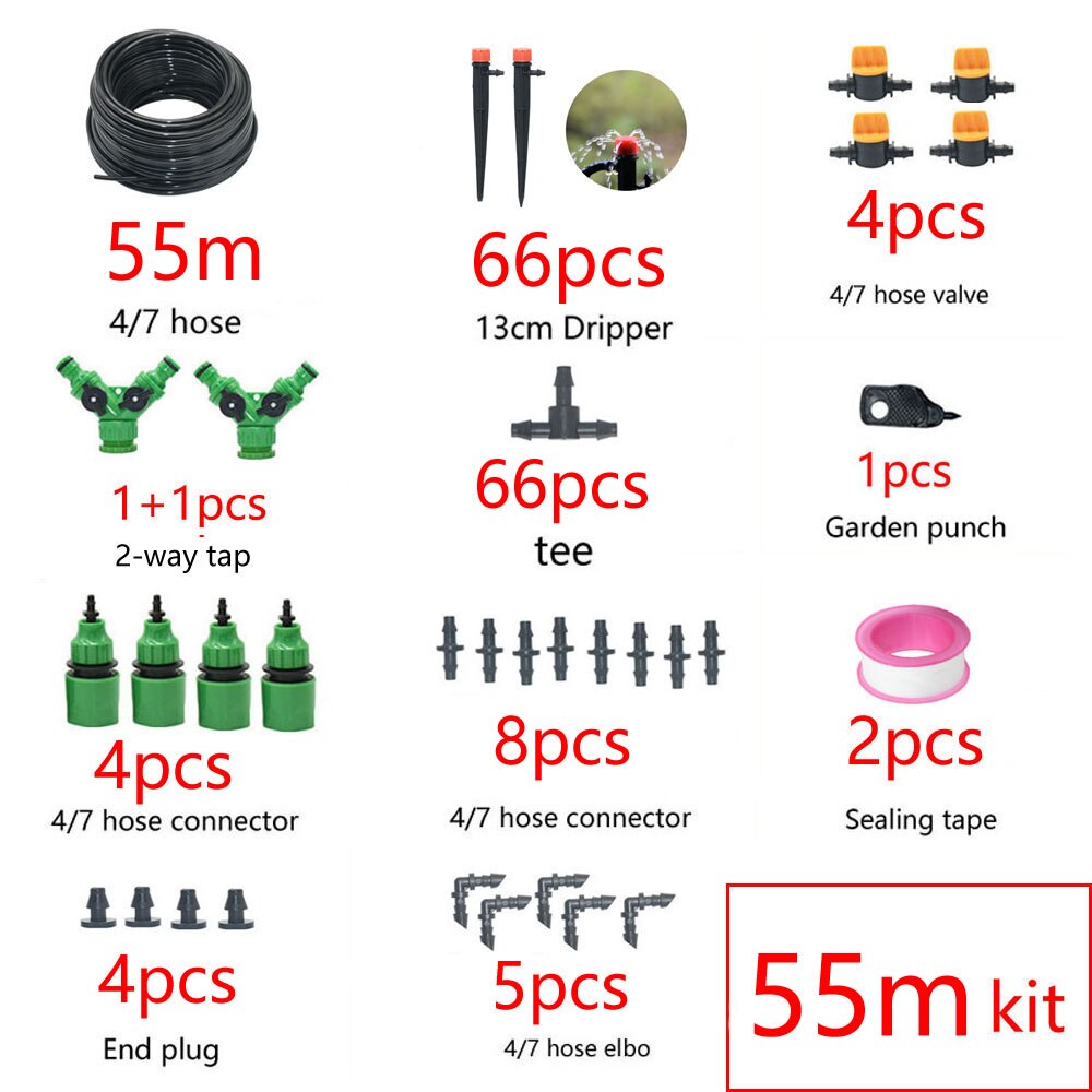 1/4" Hose Drip Irrigation System 360 Degree Adjustable 8 Hole Sprinkler Kit Garden Watering Inserting Ground Micro Flow Dripper: 55M