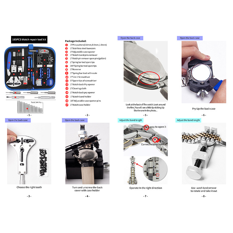 185 delers reparasjonssett for klokker, verktøy for utskifting av klokkebatteri, verktøy for fjerning av klokkelenke og bakstykke, fjærstangverktøysett
