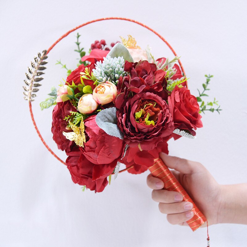 JaneVini Romantic Chinese Red/Pink Wedding Fan Bouquets Artificial Silk Roses with Metal Leaves Bridal Round Hand Fan Flowers