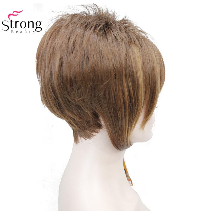 StrongBeauty Light Auburn with Highlights Inclined Bangs Short Straight Synthetic Hair Wig For Girl: 30F27