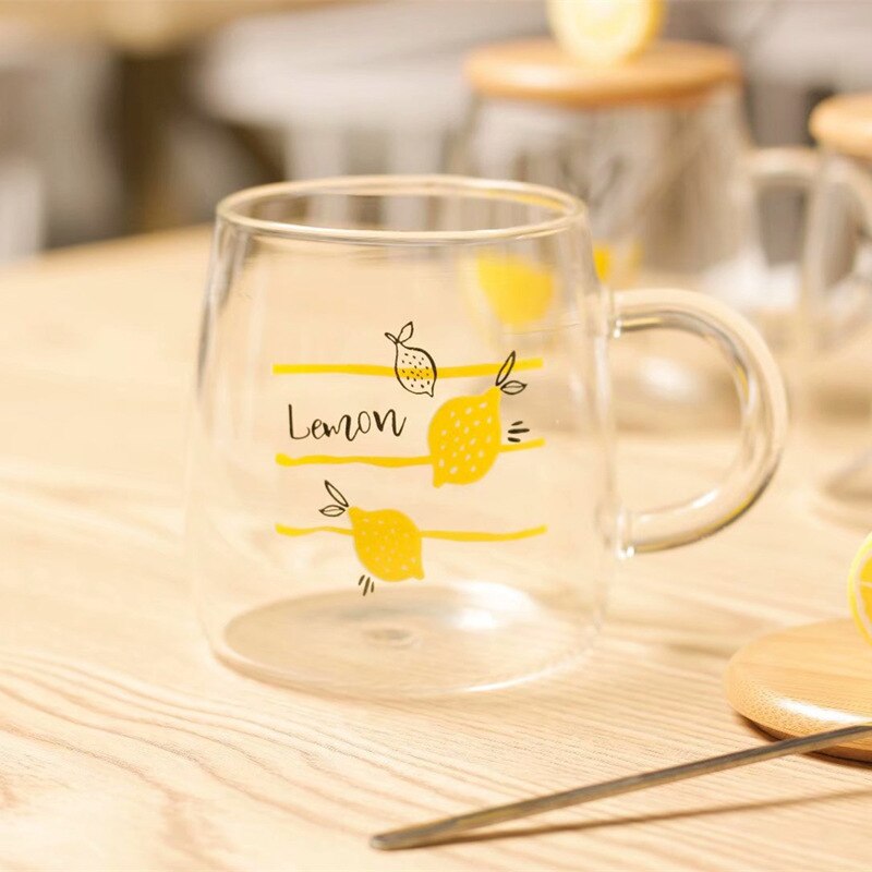 Cute Pastoral Style Glass Cups with Milk Breakfast Mug Office Flower Tea Cup Cold Drink Juice Mug: Two Lemons