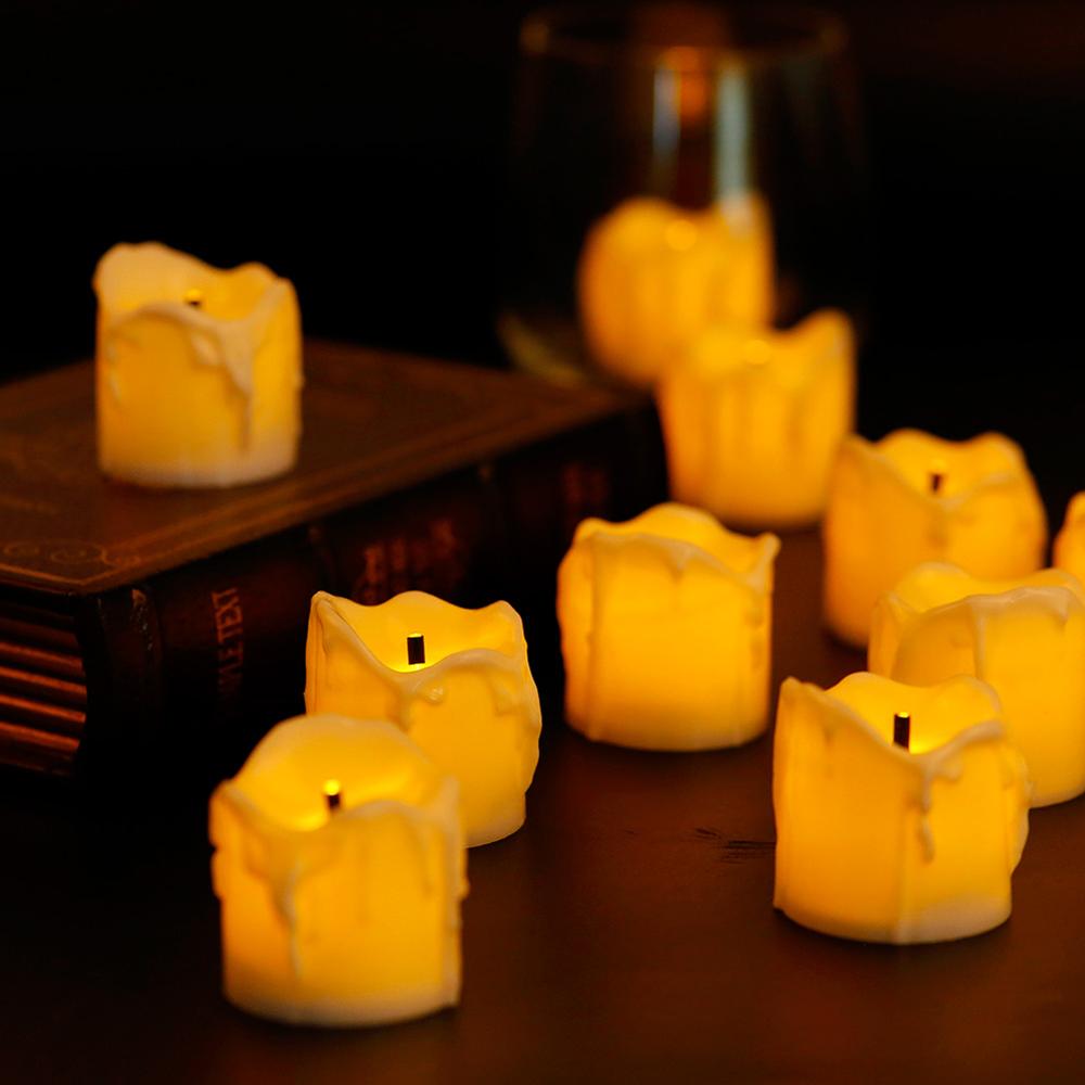 Bougies votives sans flamme de 12 | Bougies réalistes à piles et à lumière scintillante, de couleur blanc et ambre, pour mariage: yellow flicker 1