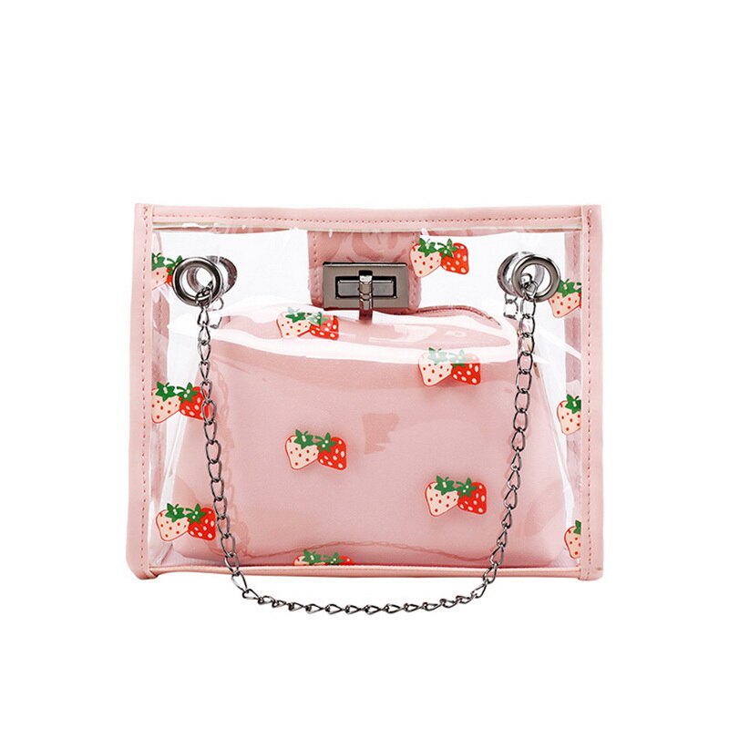2 stuks/set transparante pvc schoudertassen dames schattige aardbeienprint clutch tas reis crossbody tas samengestelde set
