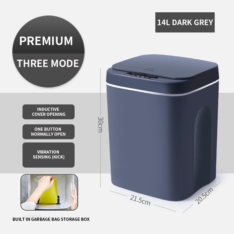 Trash Can Smart Sensor Electronic Automatic 7L/8L Garbage Bin Household Bathroom Toilet Waterproof Narrow Seam Kitchen Trash Bin: Battery grey 14L