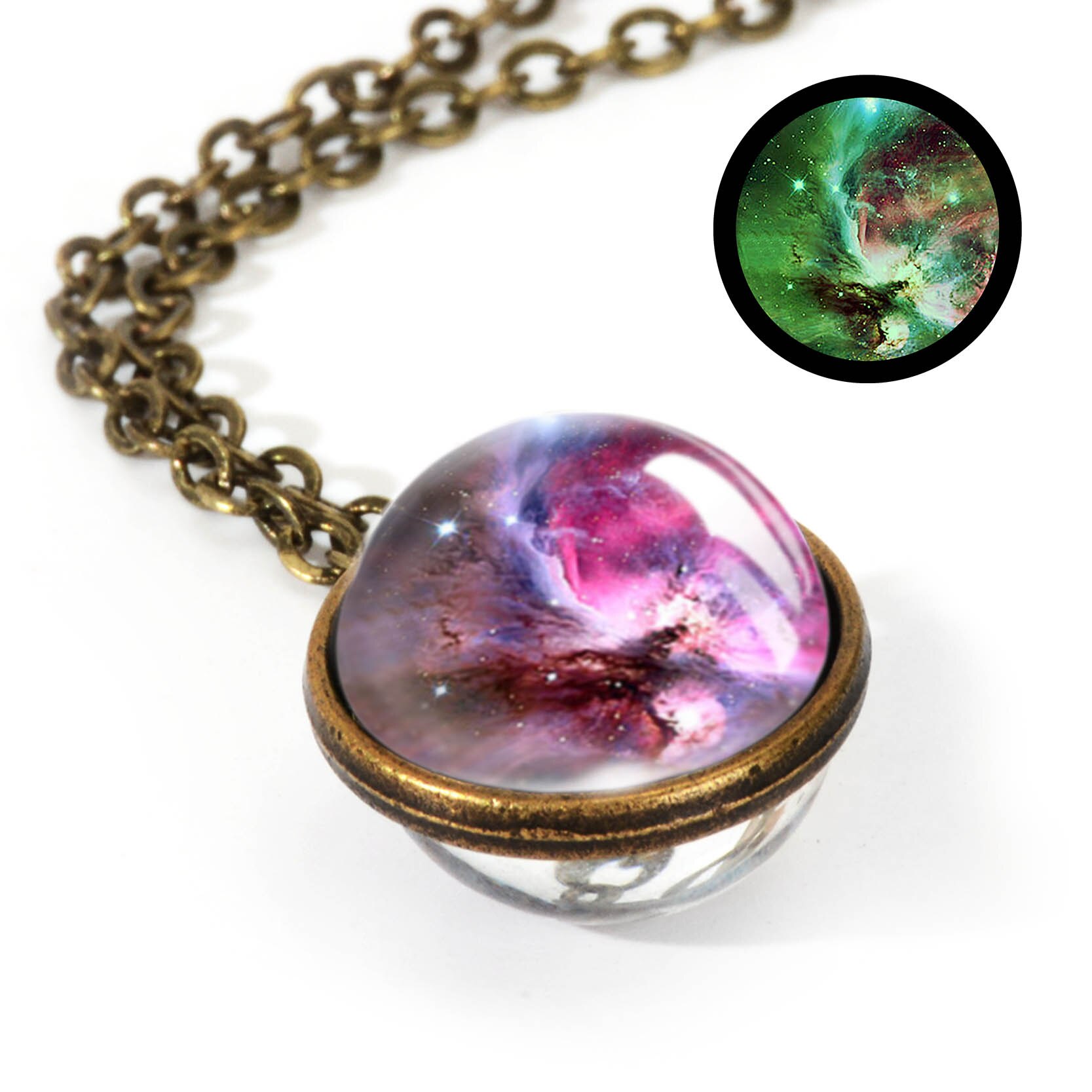 Nebula Galaxy Double Sided Pendant Necklace Universe Planet Jewelry Glass Art Picture Handmade Statement Necklace: LGS0033-Luminous