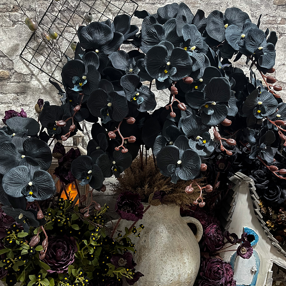 Rama de orquídeas negra gótica hecha en el sol, Flores artificiales de seda, decoración del hogar y el Hotel, Flores artificiales, Flor de mariposa negra