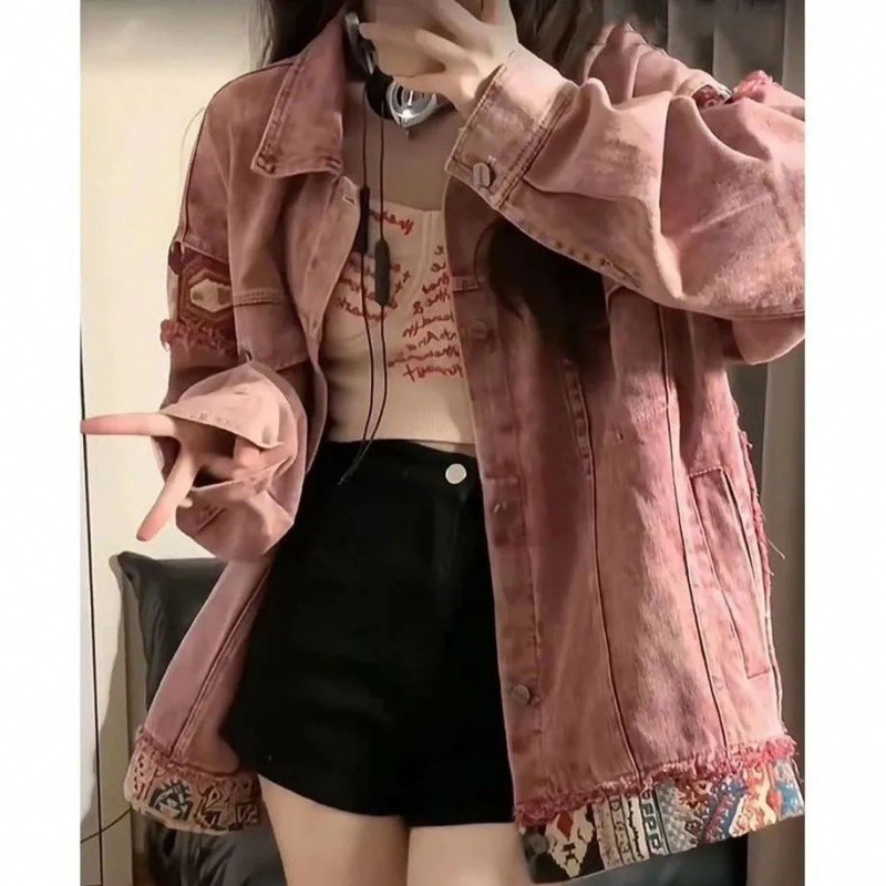 2025, nieuw in nationale stijl, roze niche-jokerjas, lente- en herfst-denimjas voor dames