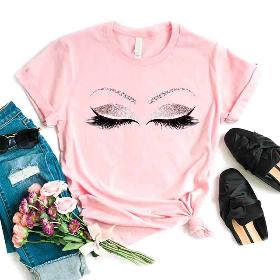 Frauen Wimpern Rosa Kunst T Shirt Mädchen Camiseta Maquillaje Koszulki machen-hoch Hipster Grafik T-Shirt Weibliche Tumblr T-Shirt Schiff