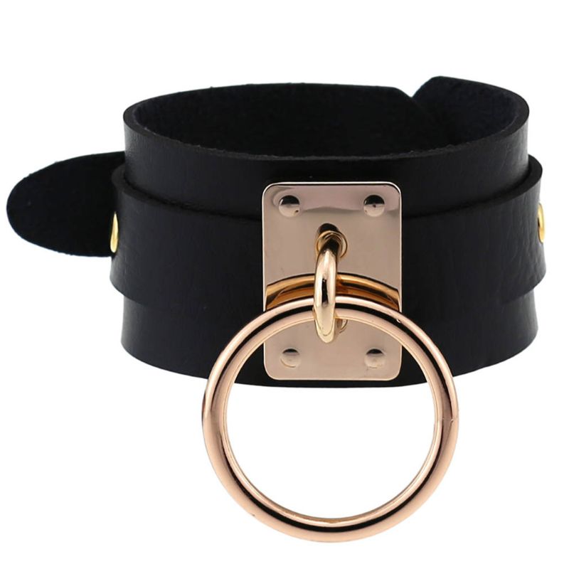 Gothic Stijl Pu Leer Met Ronde Metalen Ring Choker Ketting Armband: BK