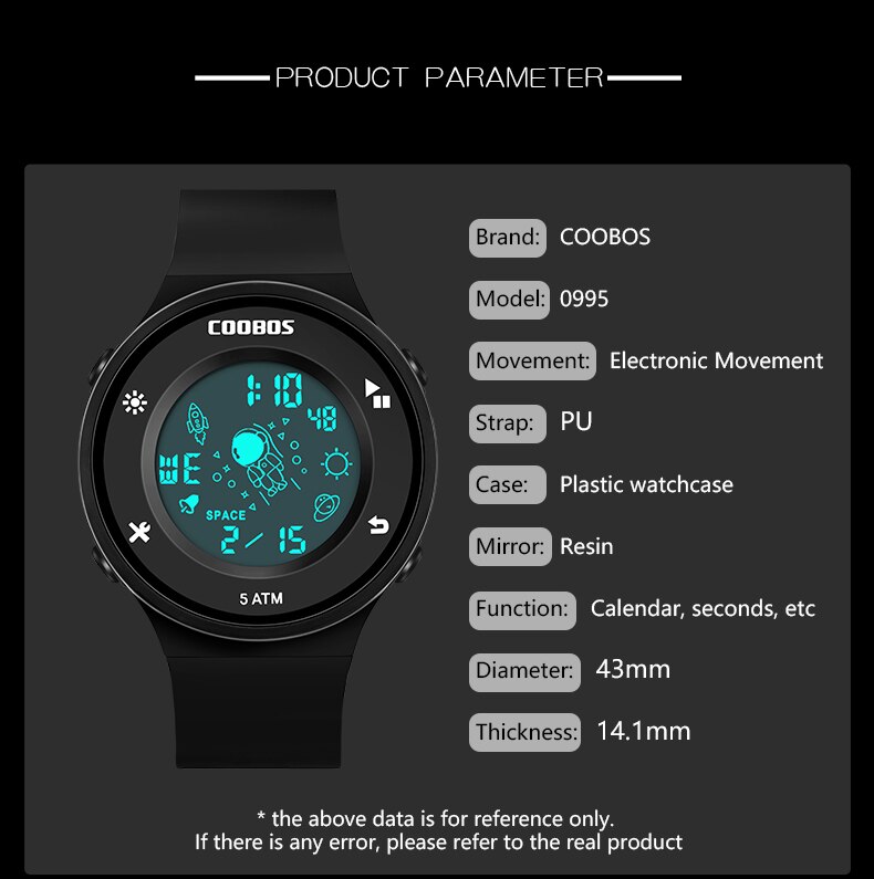 Coobos-Reloj de pulsera electrónico para hombre y mujer, cronógrafo deportivo resistente al agua con pantalla luminosa, 5 bares, ,