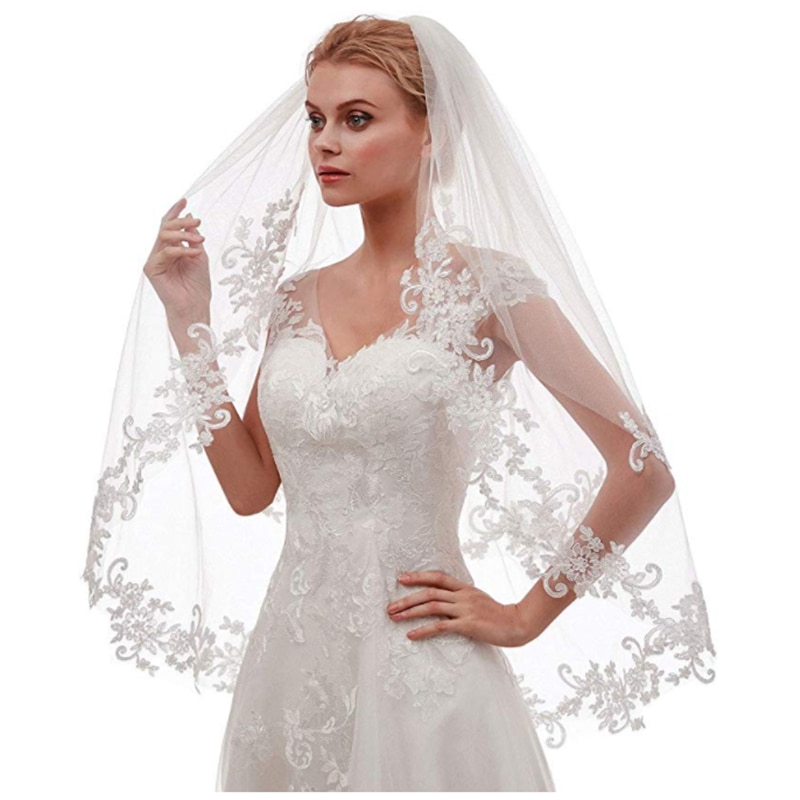 Belle dentelle côté incrusté fleurs mariage mariée voile une couche de gaze blanche doux net insérer peigne diadème mariée châle court voile