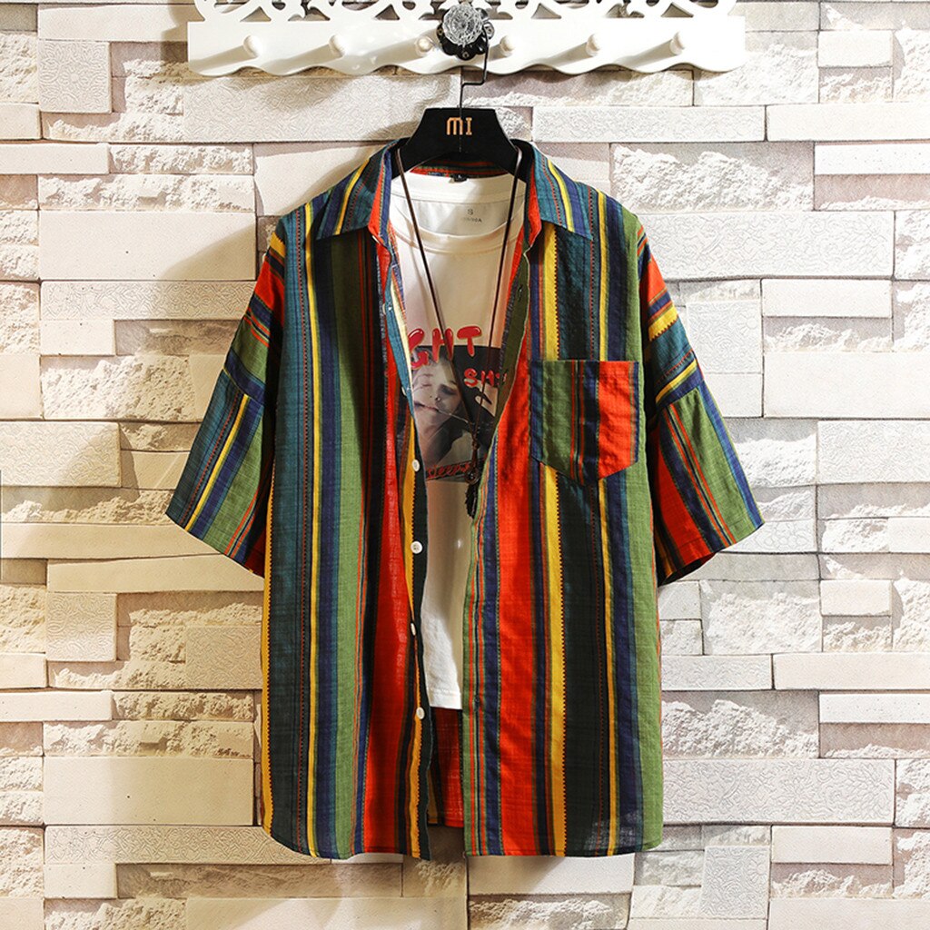 Blouse shirt heren zomer regenboog kleur zak korte mouw retro casual shirt off white harajuku top heren joggingkleding 6.19