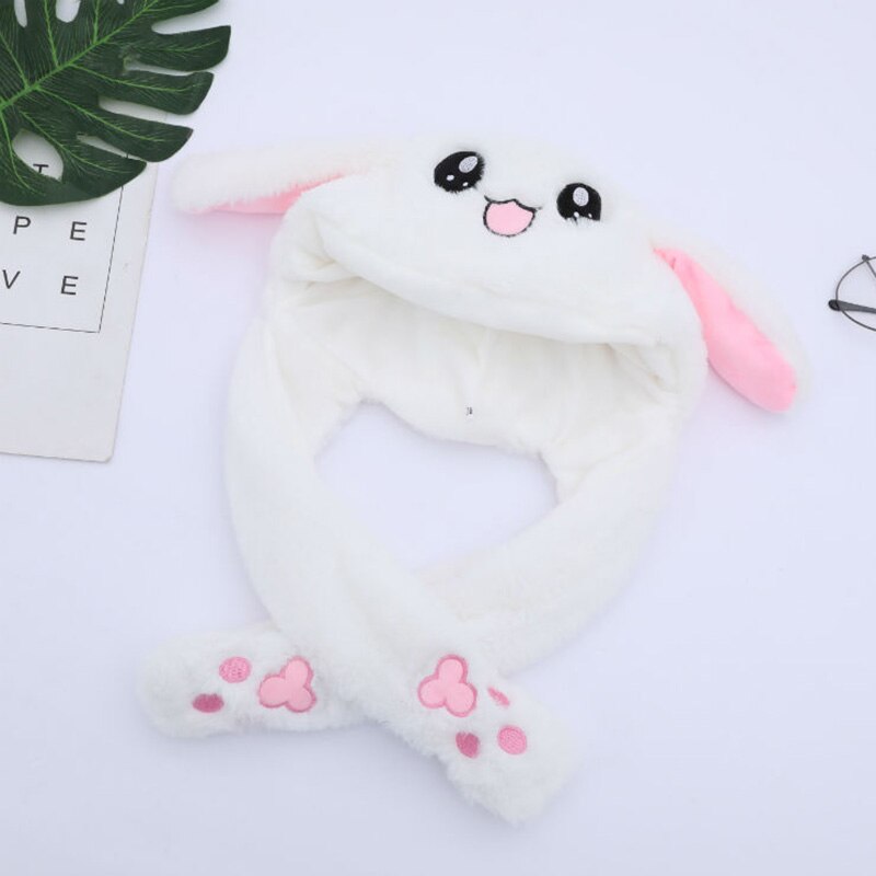 Konijn Hoed Met Bewegende Oren Bunny Hoed Oren Warm Pluche Zoete Leuke Airbag Cap: WHITE