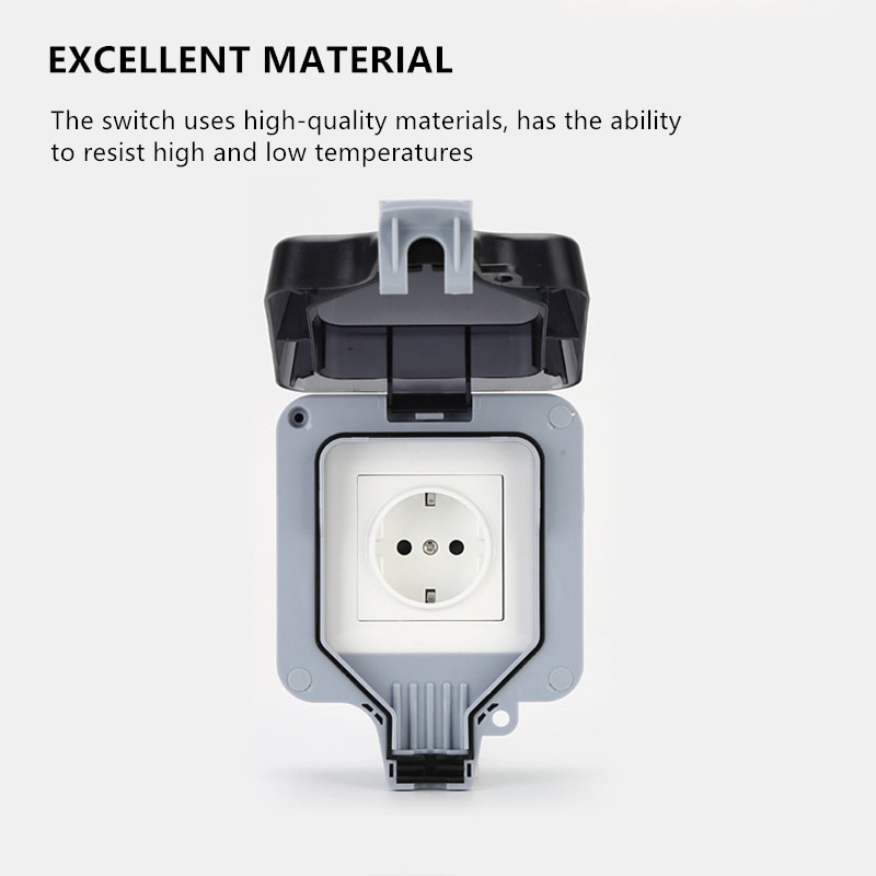 IP66 Weatherproof Waterproof Outdoor BOX Wall Socket 16A Single EU Plug Switched Outlet Electrical Socket Home Hardware