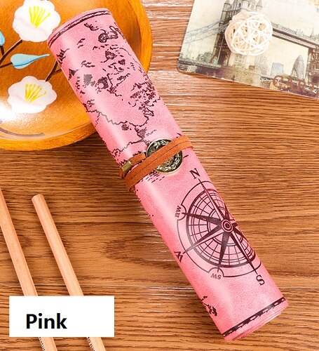 Mariyana etui retro schatkaart etui vintage luxe oprolbaar zakje leren pu etui schrijfwaren: Roze