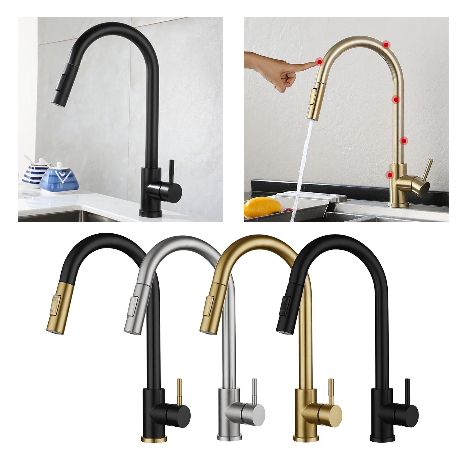 Smart Touch On Kitchen Faucet Sensor 360 Rotation Pull Out Single Handle Mixer Tap Two Water Modes Sink Crane Cold