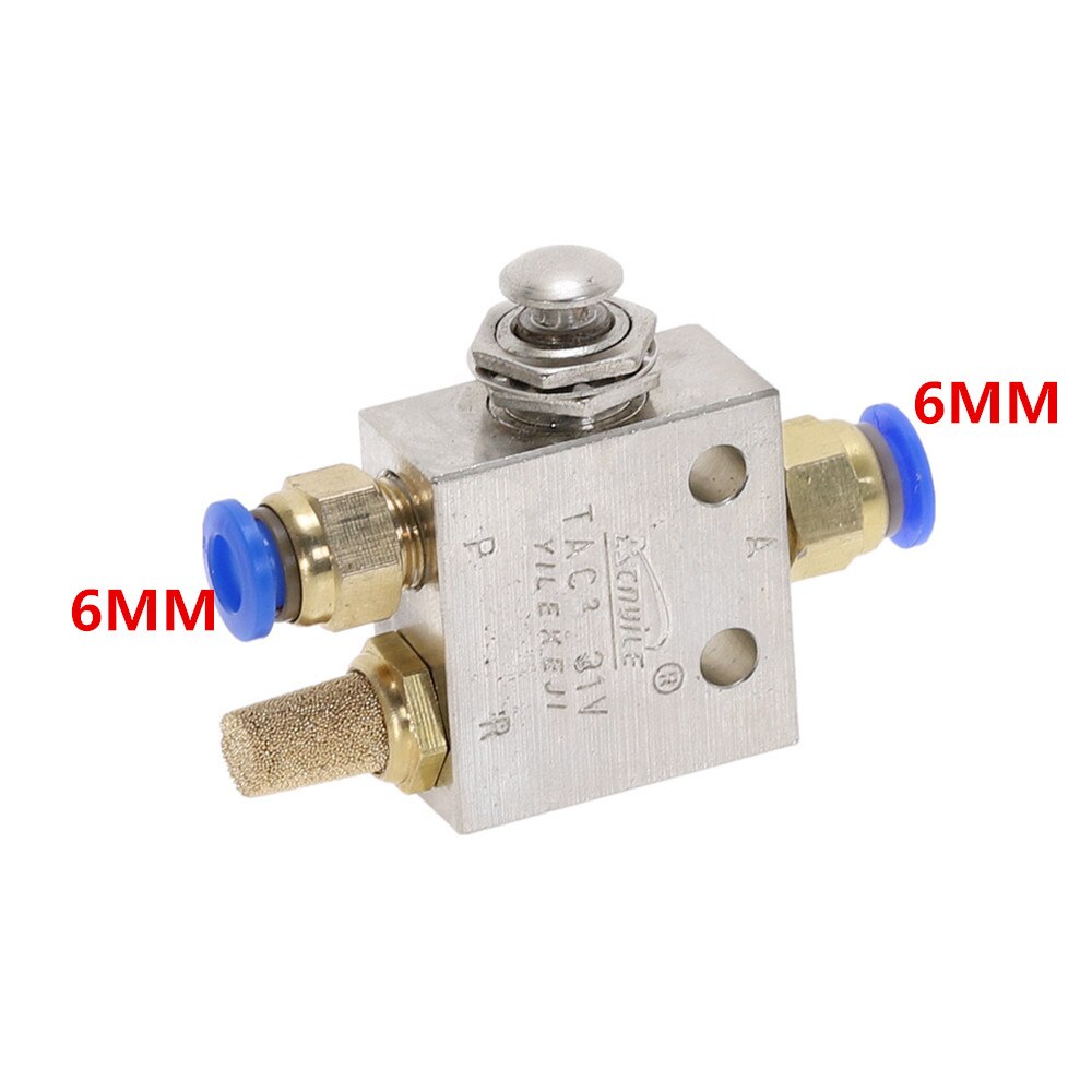 TAC2-31P 1/8" Male thread 2 Position 3 Way Metal Push Button Switch Mechanical Valve Pneumatic Exhaust valve w Fittings: 6MM