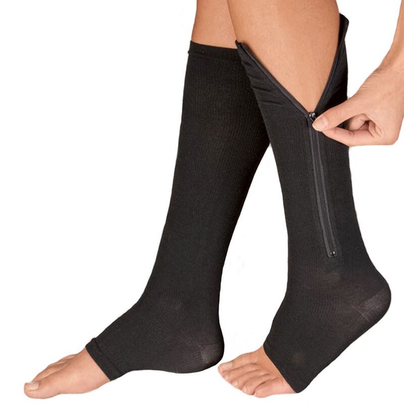 Dragkedja kompressionsstrumpor herr & dam tryck nylon dragkedja knä strumpor unisex benstöd stretch tryck öppen tå långa strumpor: Svart / S