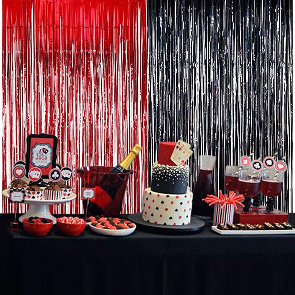 Cortinas con flecos de papel de aluminio de oropel metálico negro y rojo, telón de fondo para foto de , decoración de boda, Ladybug, cumpleaños, de cacon