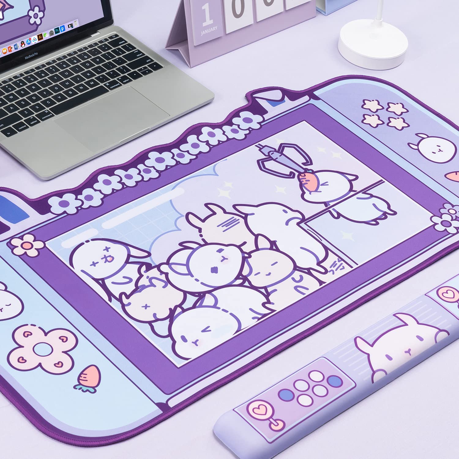 Large Kawaii Gaming Mouse Pad Cute Pink Purple Sakura Bunny Desk Pad Water Proof Nonslip Laptop Desk Accessories for Gaming