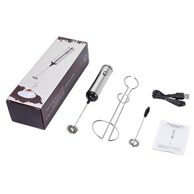 USB Chargeable Electric Milk Frother Double Spring Whisk Head Stainless Steel Handheld Coffee Foamer Drink Mixer Bubbler