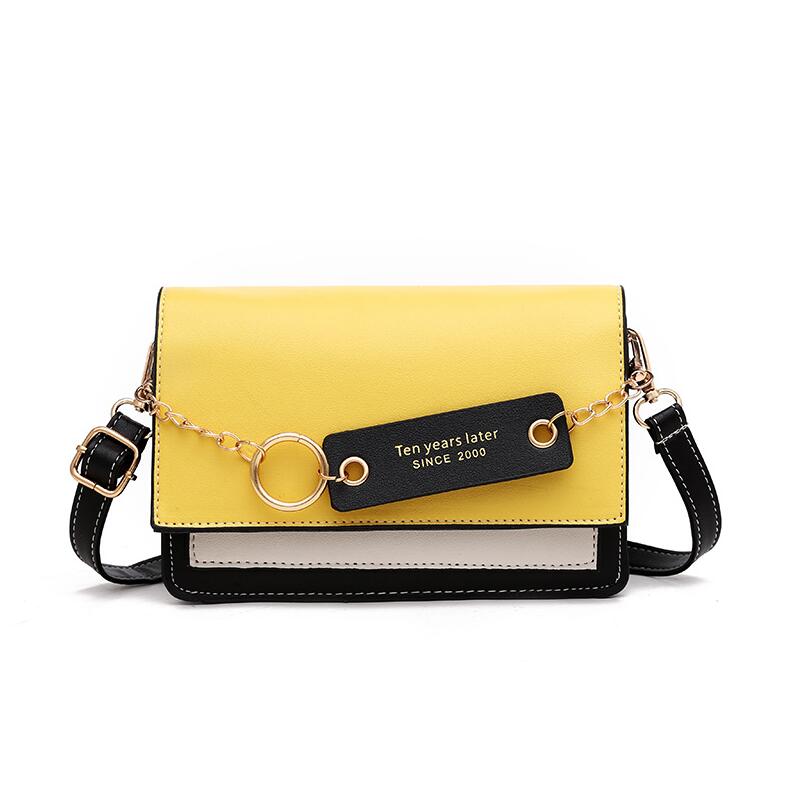 Bolsa feminina de couro pu, bolsa com aba, anel de corrente, cor contraste, bolsa de ombro para mulheres, 2020: Yellow