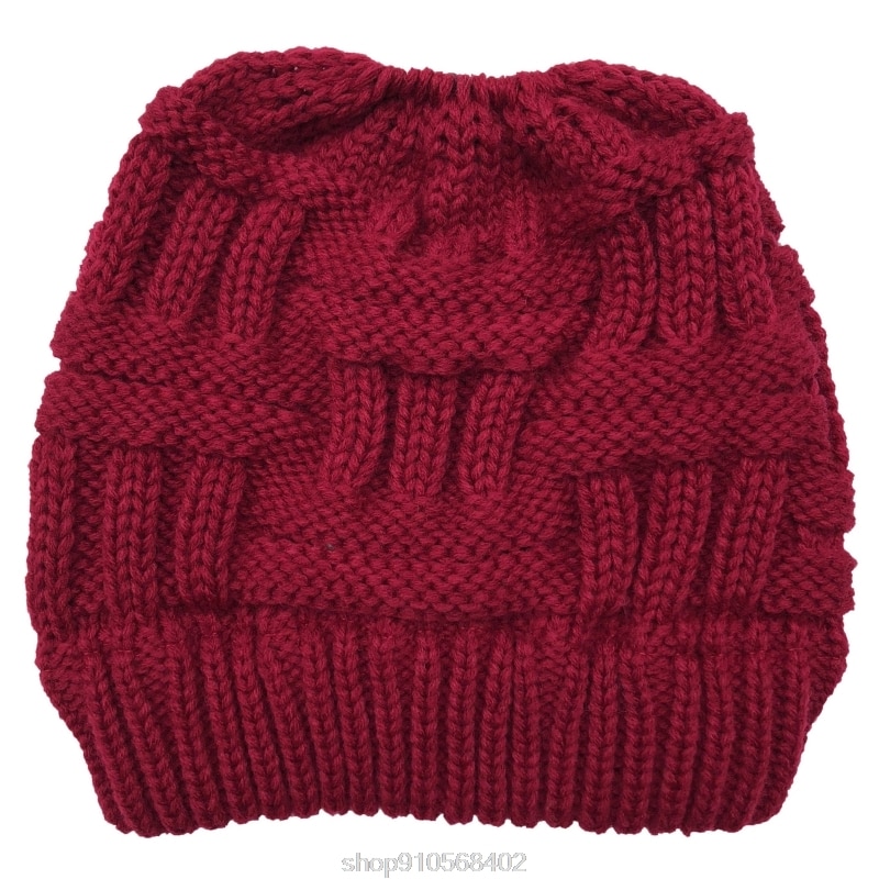 Chunky Plaid Knitted Beanie Hat with Ponytail Hole High Messy Bun Solid Color Stretch Skull Cap Ear Warmer N06 20: R