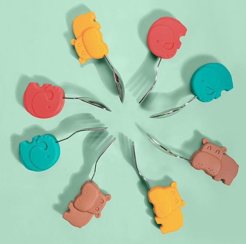 Baby Gadgets Tableware Set Children Utensil Stainless Steel Toddler Dinnerware Cutlery Cartoon Infant Food Feeding Spoon Fork