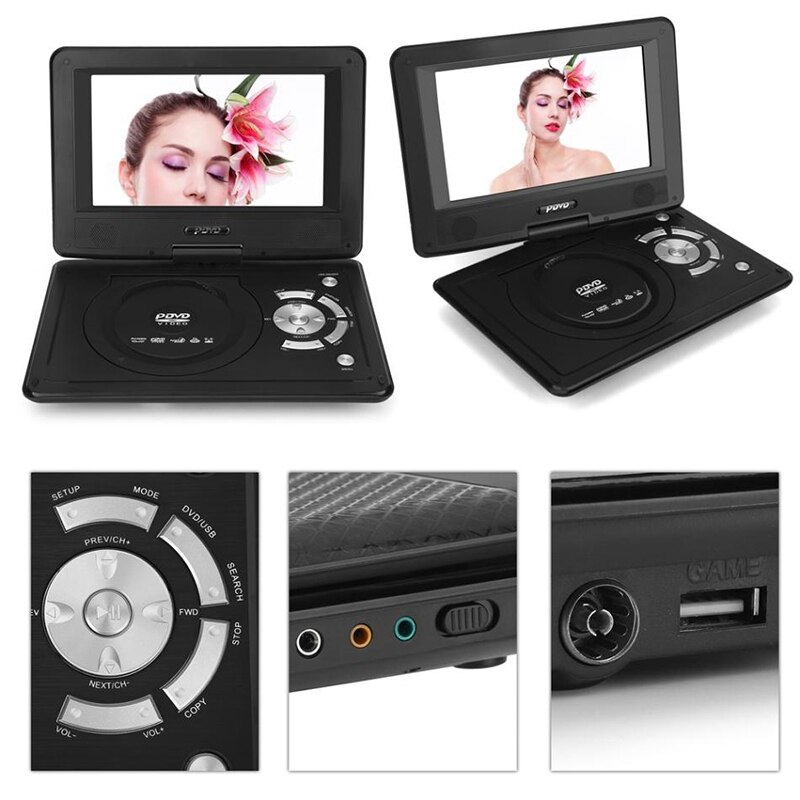 9.8 inch draagbare dvd-speler, usb fm-radio-ontvanger, av-cd-luidsprekers, spelcomputer, mini-tv-speler met speljoysticks, eu-stekker