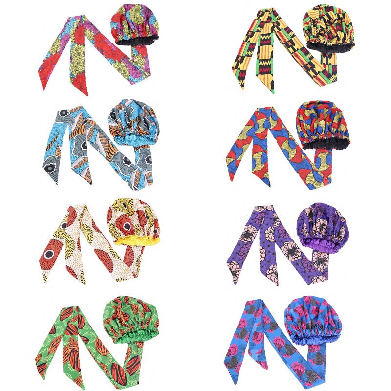 Gorros africanos para el pelo para mujer, gorro de satén con estampado, Cinta Larga de doble capa, con patrón, talla grande, 1 unidad, 38cm