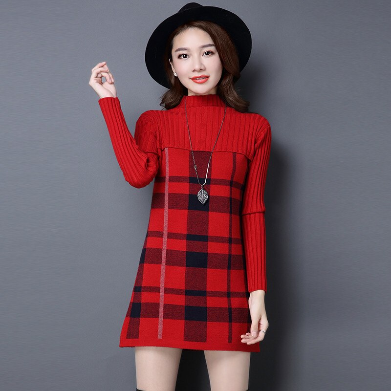 Women Autumn Winter Dress Turtleneck Long Sleeve Plaid Knitted Sweater Dress Female Loose Sweaters Pullovers Dress 315: Red / XXXL