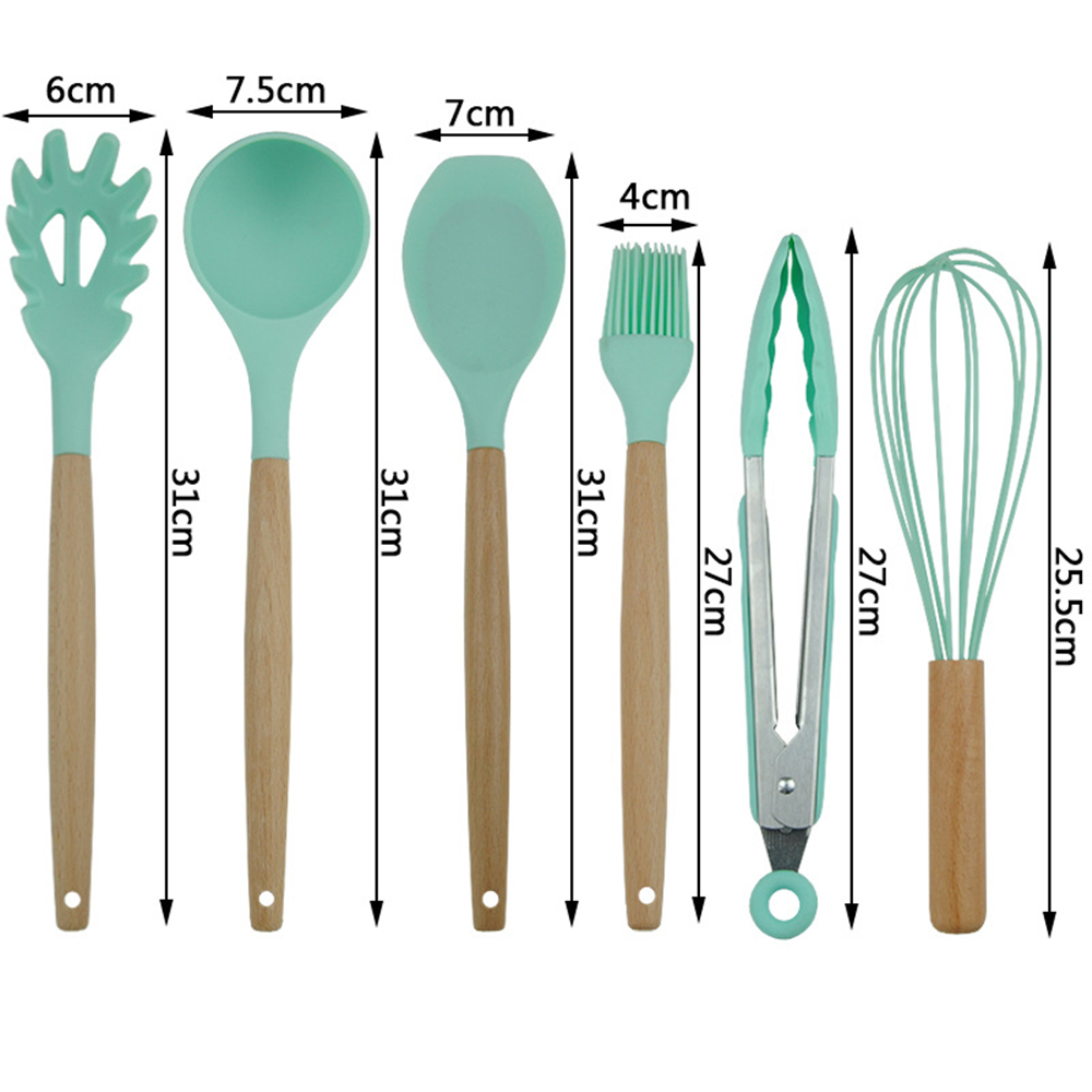 Wooden Handle Silicone Kitchenware Set for Non-stick Pan Kitchen Tool Accessories Spatula Spoon Clip Whisk Brush Ladle