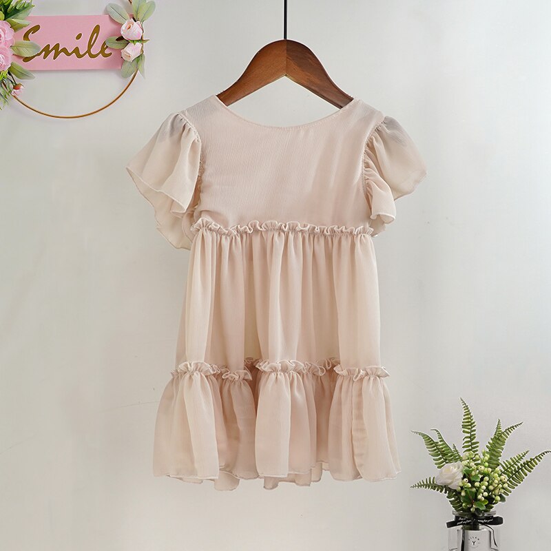 Summer Girls Dress Chiffon Draped Princess Children Kids Dresses For Girls Vestidos De Verano White Black Sukienki 2-6yrs: Beige / 90(2-3yrs)
