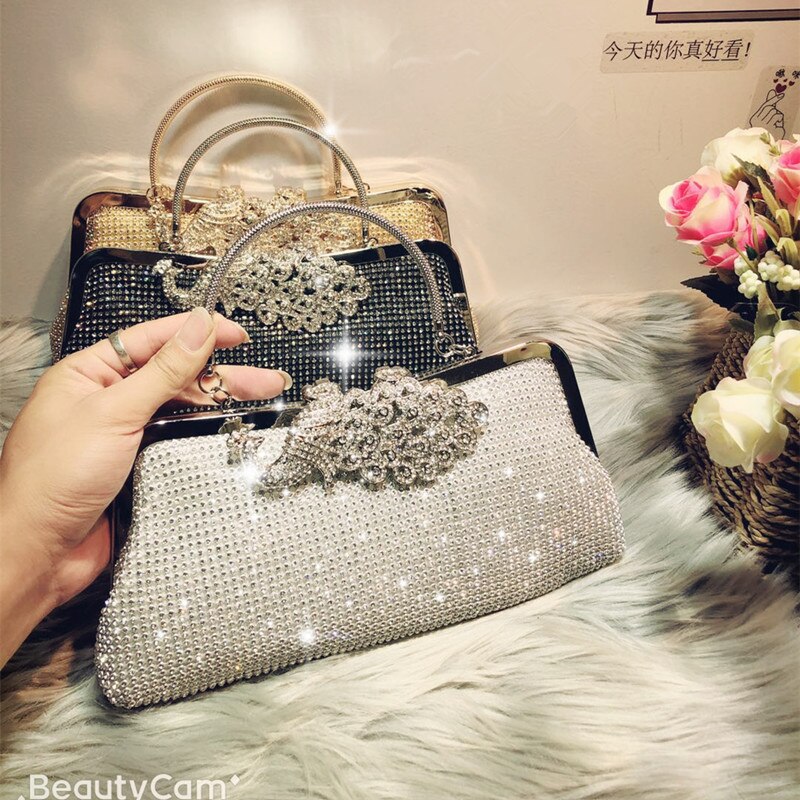 Glänzende Funken Pailletten Cluth Geldbörse Abend Tasche Metall Rahmen Top Griff Frauen Kristall Diamant Handtasche Pfau Luxus