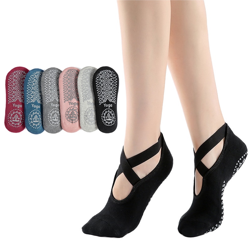 1Pair Yoga Socks for Women Non-Slip Grips Straps Bandage Cotton Sock Ideal for Pilates Pure Barre Ballet Dance Barefoot Workout