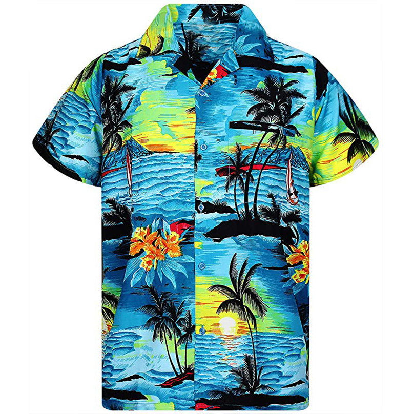 Men's Casual Button Hawaii Print Beach Short Sleeve Quick Dry Top Blouse Surf beach t-shirt &4JJ01