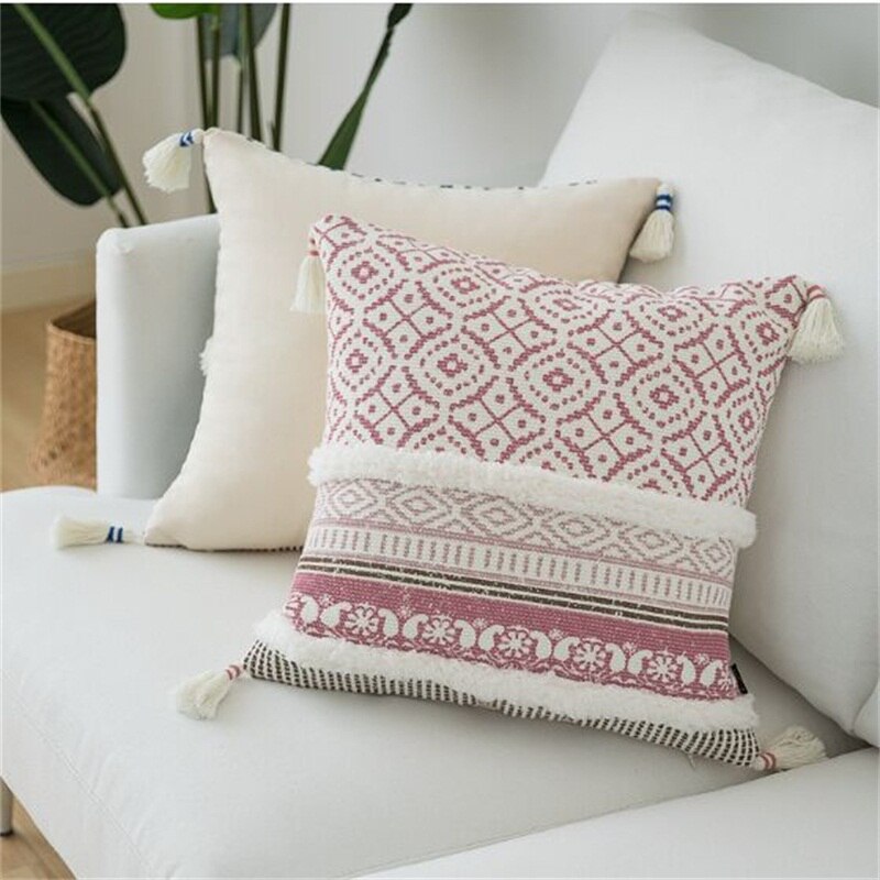 Heminredning boho örngott soffa kudde fyrkantiga dekorkuddar sovrum vardagsrum vävt modernt stort tofs kuddfodral: Djupt rosa 45 x 45cm