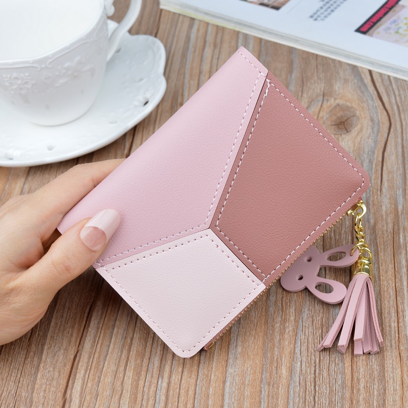 RIEZMAN Geometric Patchwork Wallet Short Women Wallets Zipper Purse Casual Coin Purse Card Holder Pocket Clutch Bag