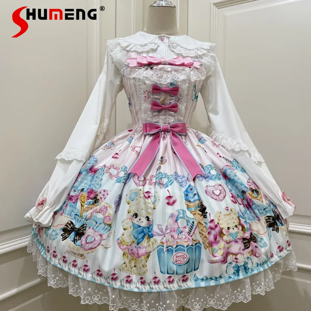 Original Japanese Lolita Suspender Dress Jsk Summer Female Sweet Cute Bow Bear Print Princess Tea Party Dress Loli Lo Dress