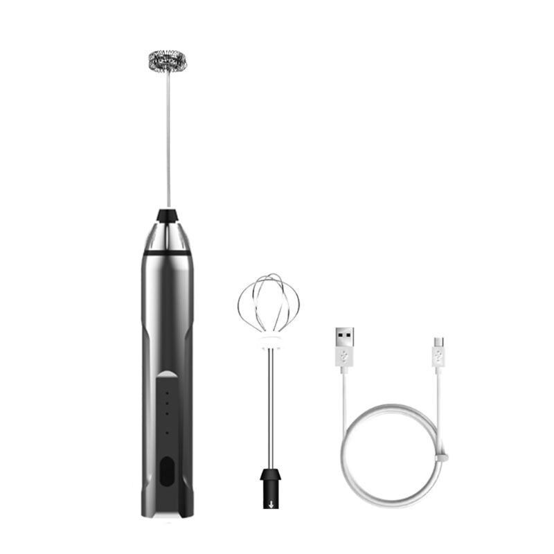 USB Rechargeable Milk Frother Mixer 2 Whisk Handheld 3-Speed Milk Foamer: Silver