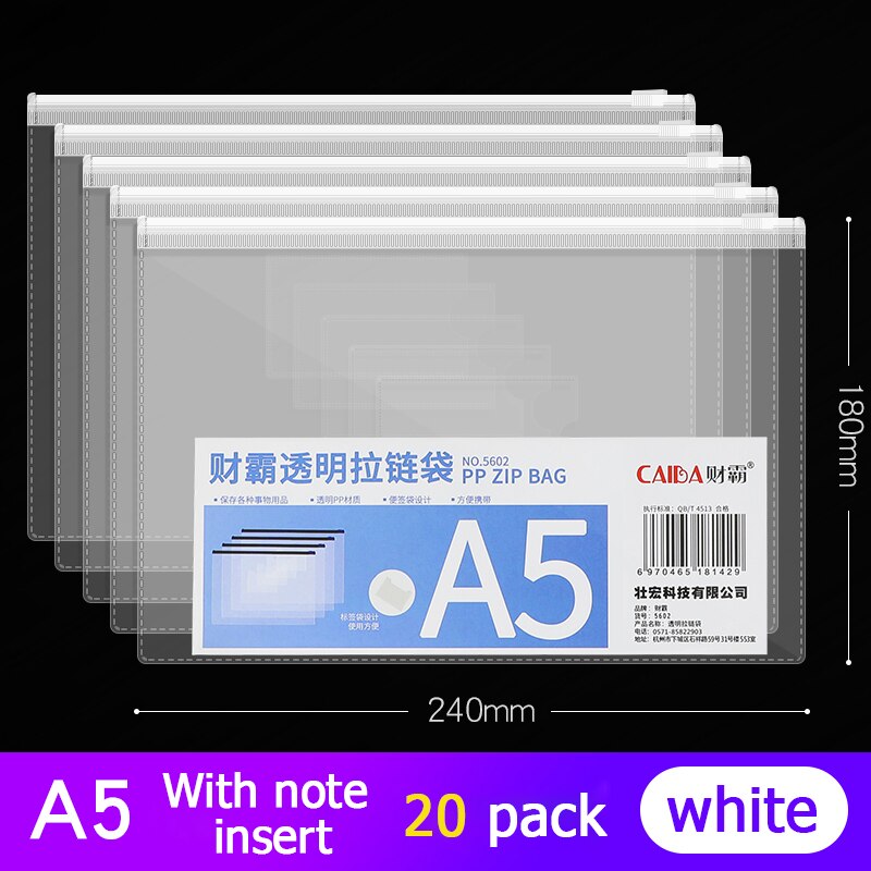 20Pcs Bestand Houder Transparant Plastic Informatie Tas A5 Rits Grote Capaciteit Boek Tas A4 Briefpapier Student Office Bestand Zak: A5 white